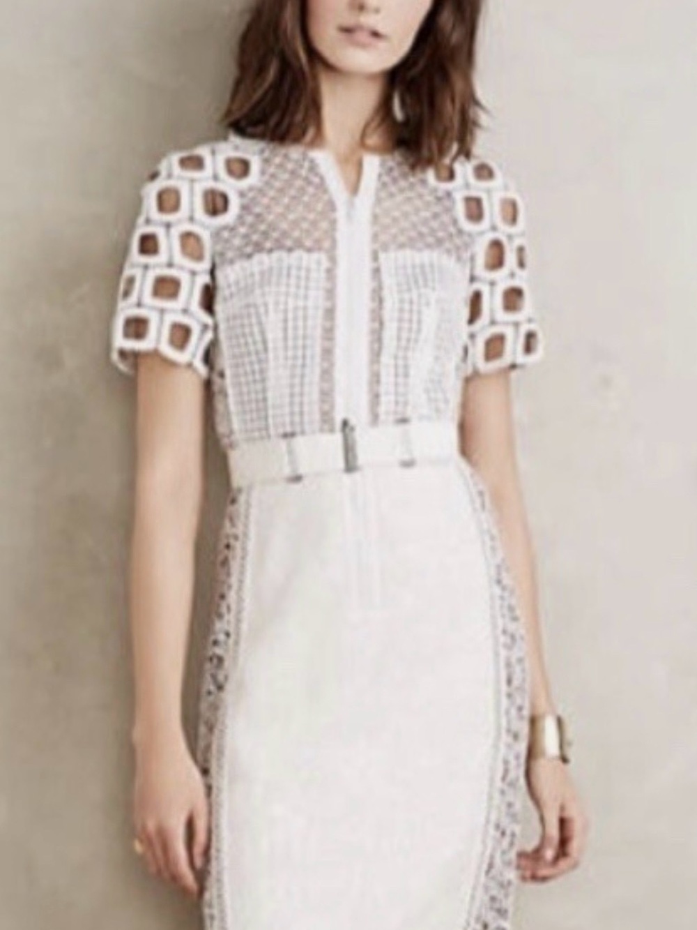 Byron Lars White Lace-Inset Belted Sheath Dress